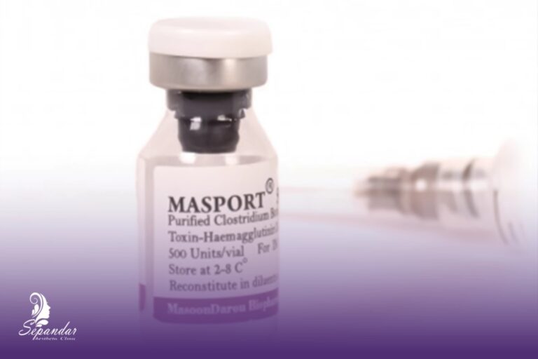 یک ویال بوتاکس مصپورت که در کنار یک سرنگ گذاشته شده است.