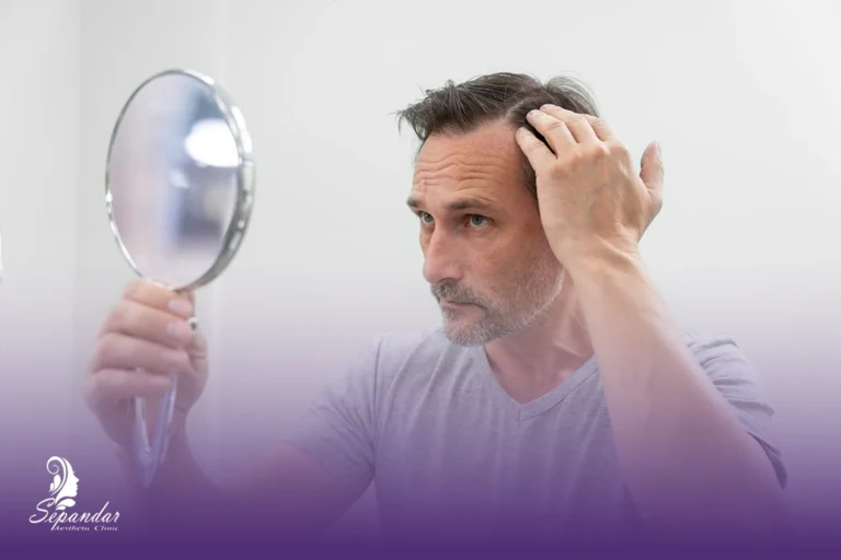 یک مرد در آینه به ریزش موهای خود نگاه میکند و در فکر انجام مزوتراپی مو است