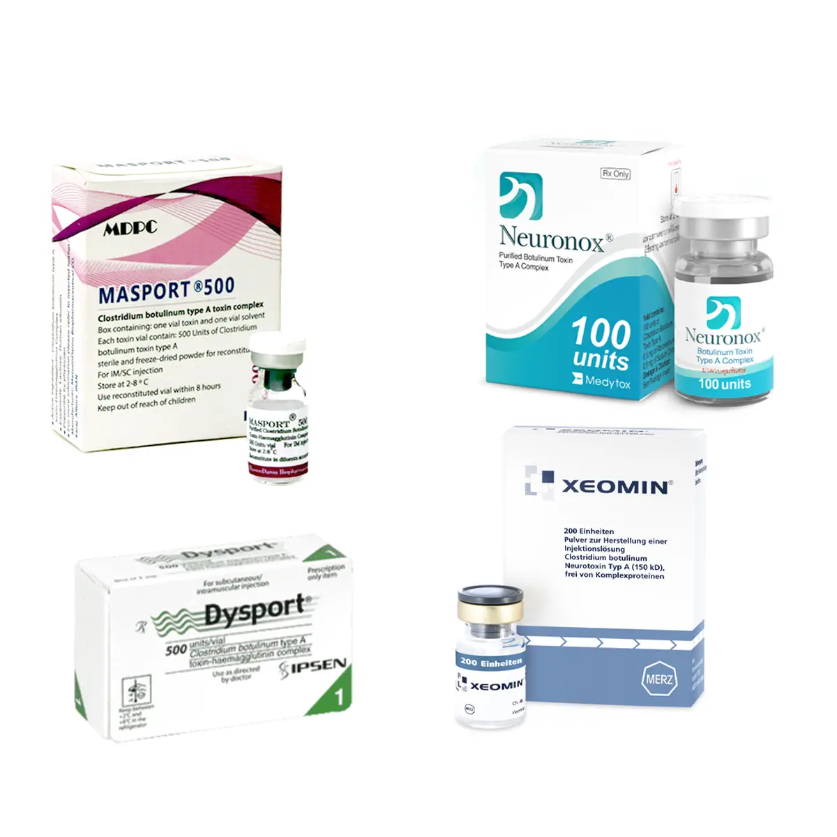 ۴ جعبه بوتاکس با برندهای دسپورت، نورونوکس، مصپورت و زئومین در کنار هم بر روی یک پس زمینه سفید