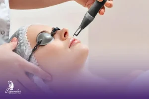 خانمی که با چشم بسته دراز کشیده و اپراتور در حال لیزر کردن موهای زائد صورتش است به همراه لوگو کلینیک دکتر سپندار در مشهد