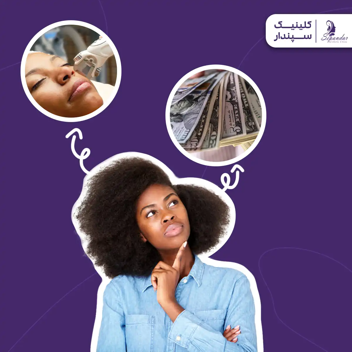 دختری بر روی یک پس زمینه بنفش که بالای سرش ۲ دایره است. داخل یکی از دایره ها اسکناس و داخل یکی از دایره ها عکس لیزر کردن صورت است. این دختر در حال فکر کردن به هزینه لیزر موهای زائد صورت است