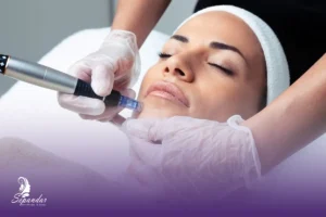 صورت خانمی که دراز کشیده و دکتر در حال انجام مزونیدلینگ صورت برایش است به همراه لوگو کلینیک دکتر سپندار در پایین سمت چپ تصویر