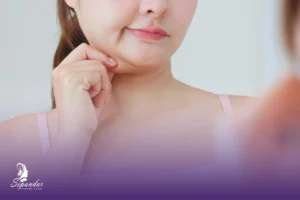 دختری که در آینه به خود نگاه می‌کند و از ظاهر غبغبش ناراضی است و با یک دست چربی غبغب خود را در دست گرفته و به انجام اندولیفت غبغب فکر می‌کند